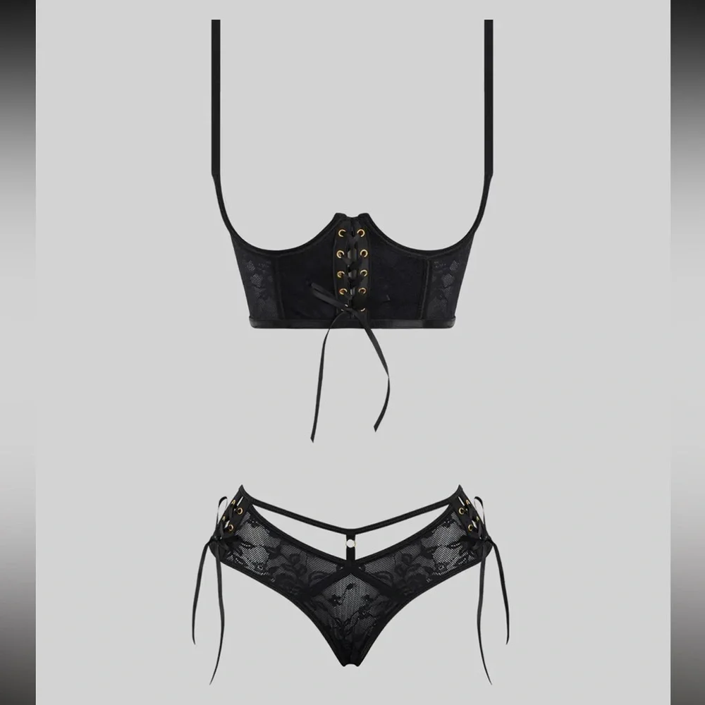 NWT Corset Cage Lace Me Up Black Lingerie Set